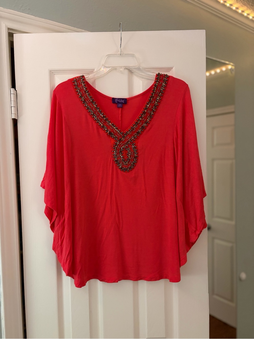 VINTAGE 2000s Hale Bob Coral Orange Beaded Boho Kimono Sleeve Tunic Top XL
